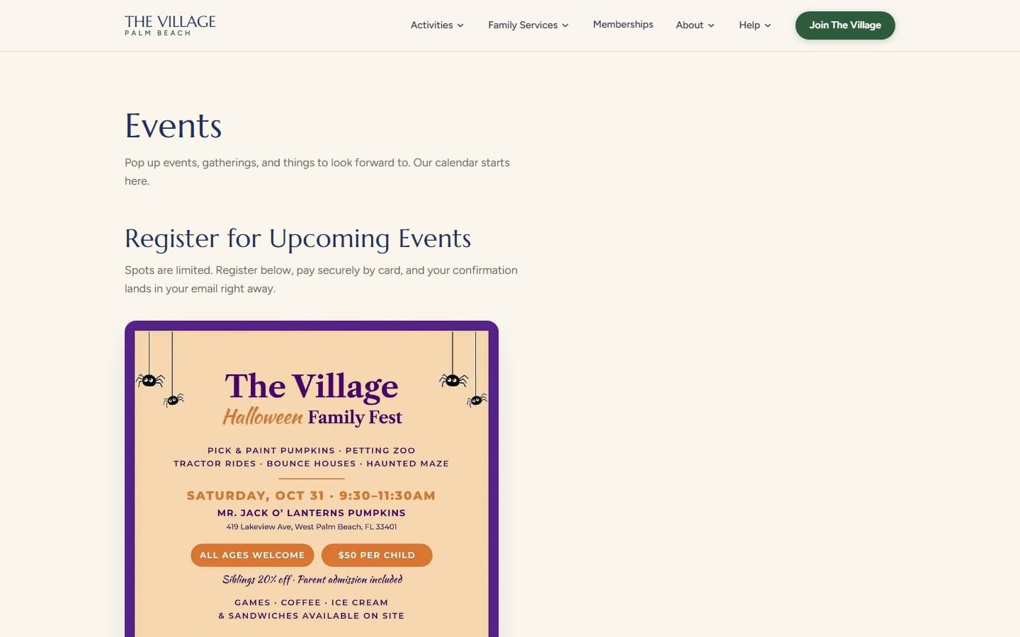 The Village Palm Beach events page with online registration
